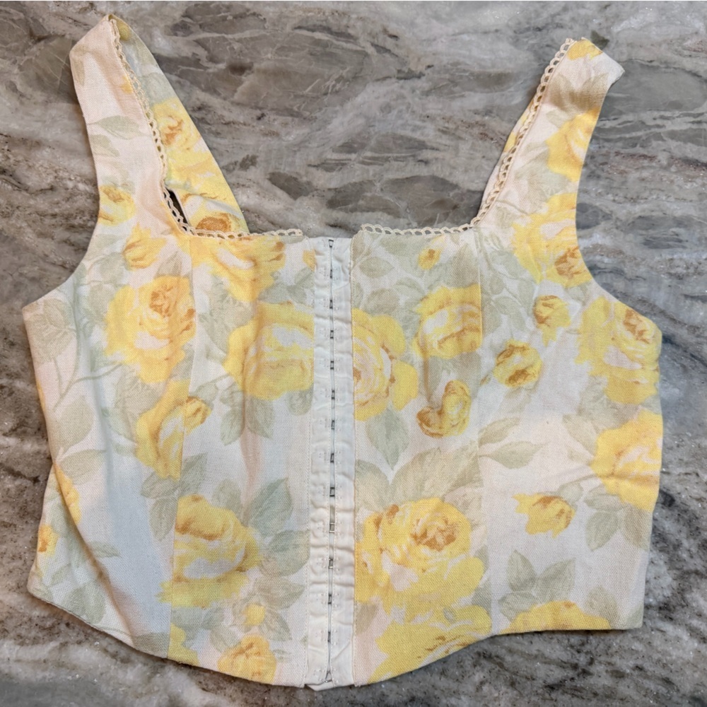 Monteau LA Yellow Floral Corset Bustier Crop Top Small linen blend